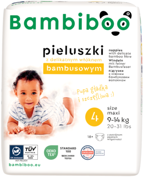 Bambiboo pieluszki z włóknem bambusowym, rozmiar 4 Maxi, 9-14 kg, przód opakowania z uśmiechniętym dzieckiem.