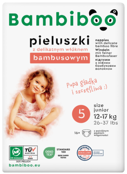 Bambiboo pieluszki z włóknem bambusowym, opakowanie z dziewczynką i rozmiar 5 Junior, widok z przodu.