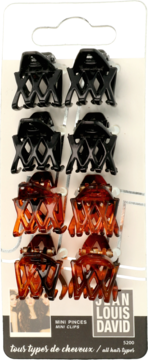 Mini spinki do włosów Jean Louis David, zestaw 8 sztuk: czarne i brązowe, widok z przodu.