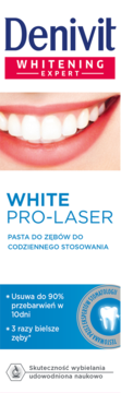 Biała reklama Denivit Whitening Expert Pro-Laser, uśmiech, usuwa 90% przebarwień i 3x bielsze zęby.