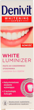 Denivit White Luminizer pasta do zębów wybielająca z technologią ActiLight, biało-różowe opakowanie, widok z przodu.