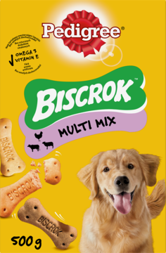 Pedigree Biscrok Multi Mix 500g, żółte opakowanie z trzema smakami ciasteczek dla psów i uśmiechniętym psem.