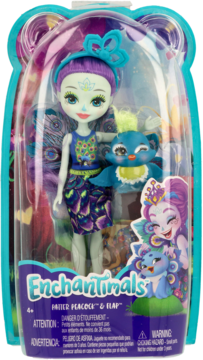 Zestaw Enchantimals Patter Peacock & Flap: lalka w pawim stroju i jej niebieski ptaszek, w blisterze, widok z przodu.