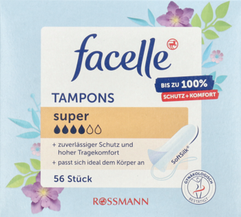 Niebieskie opakowanie tamponów facelle Super 56 szt., z grafiką tamponu i wskaźnikiem 5 kropli, widok z przodu.
