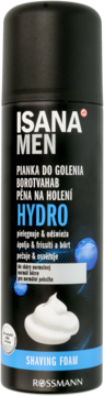 Isana Men Hydro Shaving Foam, czarna puszka z niebieskimi detalami i wizualizacją piany, dla skóry normalnej.