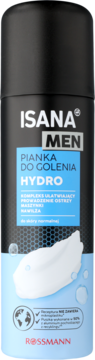 Isana Men Hydro Pianka do golenia w czarno-niebieskiej puszce, z przodu biały napis i pianka.