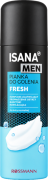 Cylindryczna, czarno-niebieska pianka do golenia Isana Men Fresh, z białym napisem, widok z przodu.