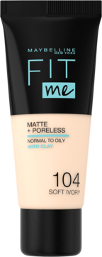 Maybelline Fit Me podkład matujący w czarno-beżowej tubce, odcień 104 Soft Ivory, widok z przodu.