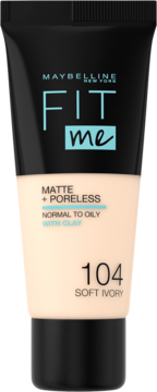 Maybelline Fit Me podkład matujący w czarno-beżowej tubce, odcień 104 Soft Ivory, widok z przodu.