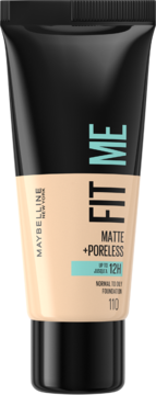 Maybelline Fit Me matujący podkład w beżowo-czarnej tubce, widok z przodu, Matte+Poreless.