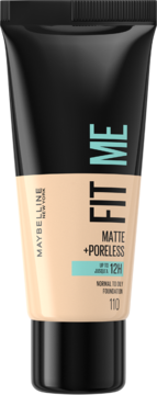 Maybelline Fit Me matujący podkład w beżowo-czarnej tubce, widok z przodu, Matte+Poreless.