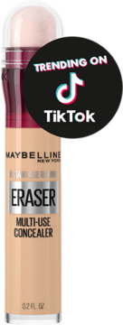 Maybelline Instant Age Rewind Eraser, beżowy korektor z gąbką, trending na TikTok. Widok z przodu opakowania.