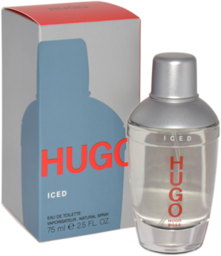 Hugo Boss Iced męska woda toaletowa, butelka i szare pudełko z lodową sylwetką i czerwonym logo.