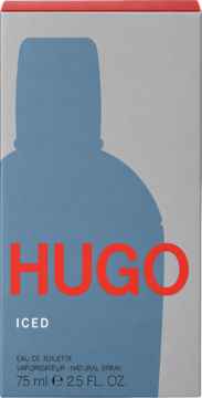 Męska woda toaletowa Hugo Boss Iced 75 ml, szare pudełko z czerwoną górą i niebieskim konturem butelki.