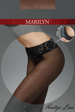 Marilyn Prestige Line: półmatowe rajstopy biodrówki z ozdobnym koronkowym pasem silikonowym, na opakowaniu.