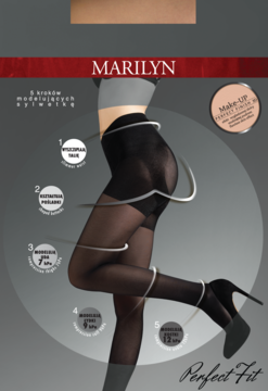 Marilyn Perfect Fit, czarne rajstopy modelujące z efektem make-up. Zdjęcie opakowania z sylwetką prezentującą ich działanie.