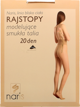 Beżowe opakowanie rajstop Naris 20 den, modelujących smukłą talię, z grafiką sylwetki kobiety.