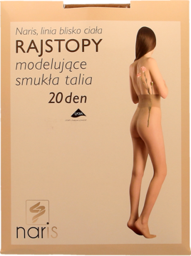 Beżowe opakowanie rajstop Naris modelujących, smukła talia, 20 den, z rysunkiem kobiety od tyłu.