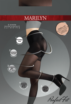 Kobieta w czarnych, transparentnych rajstopach Marilyn Perfect Fit, pokazujących funkcje modelowania sylwetki.