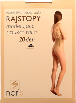 Opakowanie rajstop modelujących Naris 20 den. Beżowe tło, z tyłu modelka w rajstopach wyszczuplających talię.