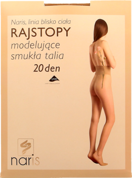 Opakowanie rajstop modelujących Naris 20 den. Beżowe tło, z tyłu modelka w rajstopach wyszczuplających talię.
