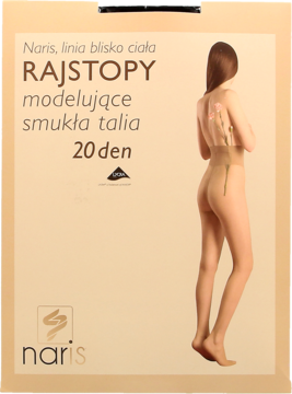 Beżowe rajstopy modelujące Naris 20 den, na modelce z tyłu, z napisem Rajstopy i logo Naris.