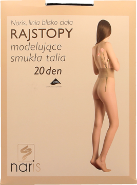 Beżowe opakowanie rajstop modelujących Naris 20 den, z sylwetką kobiety w rajstopach oraz opisem cech produktu.