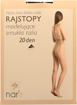 Opakowanie rajstop modelujących Naris 20 den, beżowe z grafiką kobiety, widok z przodu.