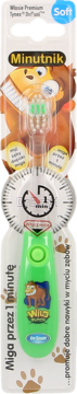 Zielona szczoteczka Minutnik z timerem dla dzieci, Soft Tynex DuPont, widok z przodu w blistrze.
