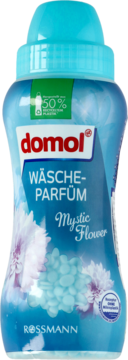 Domol Wäscheparfüm Mystic Flower, turkusowa butelka z perełkami do prania, z przodu napisy i kwiaty.