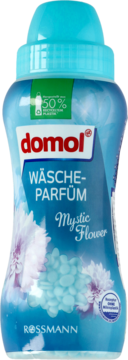 Domol Wäscheparfüm Mystic Flower, turkusowa butelka z perełkami do prania, z przodu napisy i kwiaty.