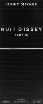Czarne pudełko perfum Issey Miyake Nuit D'Issey Parfum dla mężczyzn, widok z przodu, 125ml.