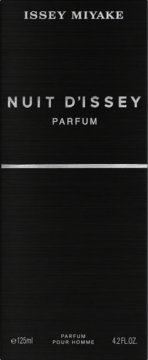 Ciemne, matowe opakowanie perfum Issey Miyake Nuit d'Issey Parfum dla mężczyzn 125ml, widok z przodu.