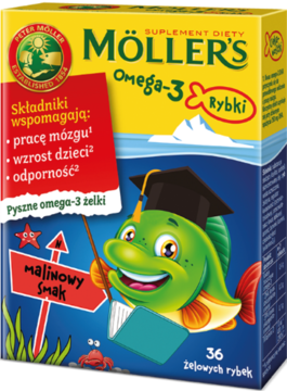 MÖLLER'S Omega-3 Rybki ,żelki o smaku malinowym, suplement diety,przód