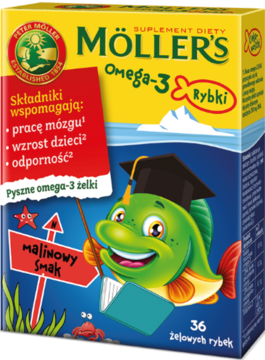 Żółto-niebieskie opakowanie Möller's Omega-3 Rybki, malinowe żelki dla dzieci. Zielona ryba z czapką, widok z przodu.