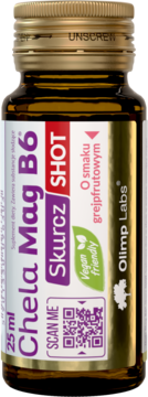 Chela Mag B6 Skurcz Shot 25ml, Olimp Labs, grejpfrutowy, brązowa butelka z fioletowo-czerwoną etykietą, widok z przodu.