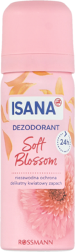 Isana Dezodorant Soft Blossom w różowej butelce sprayu, z kwiatowym wzorem i 24h ochroną, widok z przodu.