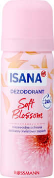 Różowy dezodorant ISANA Soft Blossom w sprayu, z grafiką kwiatów, widok z przodu, opis 24h ochrony.