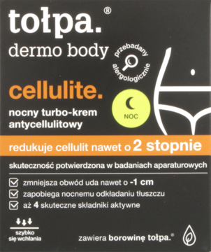 Czarne opakowanie Tołpa dermo body cellulite nocny turbo-krem antycellulitowy z pomarańczowym paskiem, widok z przodu.