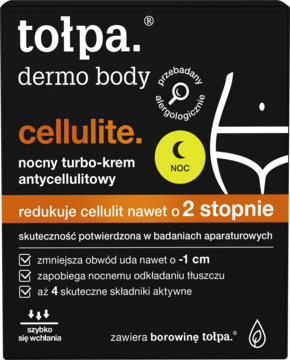 Czarny kartonik kremu Tołpa Dermo Body Cellulite nocny turbo-krem, redukujący cellulit o 2 stopnie, widok z przodu.