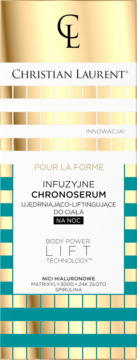 Złoto-turkusowe opakowanie Christian Laurent Infuzyjne Chronoserum ujędrniająco-liftingujące na noc.
