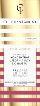 Złote opakowanie Christian Laurent Koncentrat Ujędrniający do Biustu z różowymi pasami, widok z przodu.