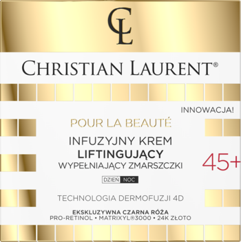 Christian Laurent Innowacyjny Krem Liftingujący 45+ w biało-złotym opakowaniu, widok z przodu.