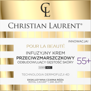 Christian Laurent Pour La Beauté Infuzyjny Krem Przeciwzmarszczkowy 55+ w złoto-beżowym pudełku, widok z przodu.