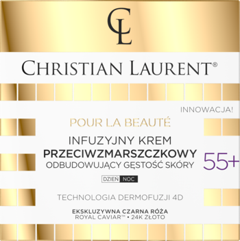 Christian Laurent Pour La Beauté, infuzyjny krem przeciwzmarszczkowy 55+ w złotym opakowaniu, widok z przodu.