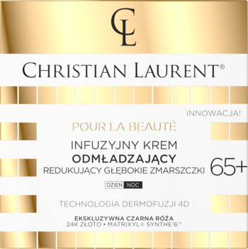 Christian Laurent Krem Odmładzający 65+ w złoto-białym opakowaniu, widok z przodu, z 24K złotem i różą.