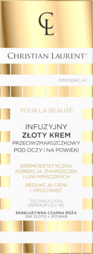 Christian Laurent Infuzyjny Złoty Krem pod oczy, złoto-białe pudełko z 24k złotem i jedwabiem, widok z przodu.