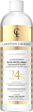 Christian Laurent Luksusowy Płyn Micelarny 24K, biała butelka ze złoto-białą etykietą, widok przód.