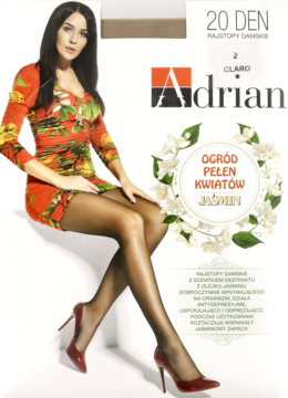 Czarnych rajstopy Adrian 20 DEN z jaśminem na nodze modelki, widok opakowania z kwiatami jaśminu.