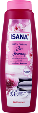 Ciemnoróżowy płyn do kąpieli Isana Zen Journey z kwiatami wiśni, butelka z przodu, zapewnia relaks.